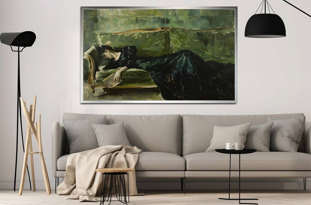 Tired Young on a green sofa Wall Art Canvas Unframed Print Art