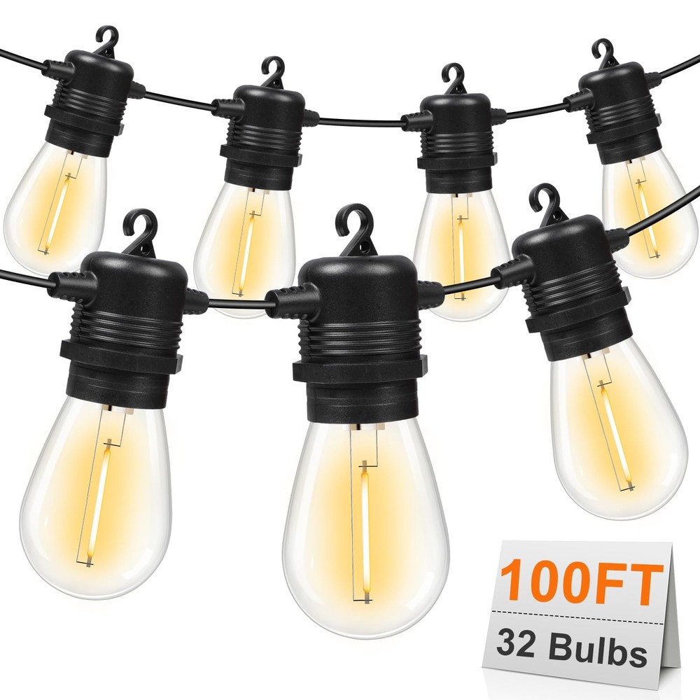 100FT LED Outdoor String Lights, Commercial Grade Patio Lights with 30+2 Shat...