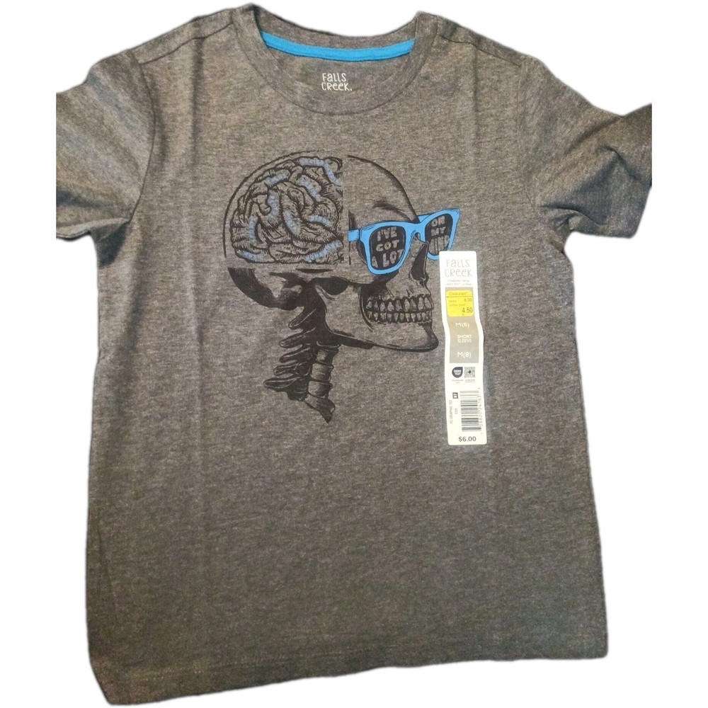 Falls Creek Navy Gray Short Sleeve Skull Graphic T Shirt Boys Size M 8