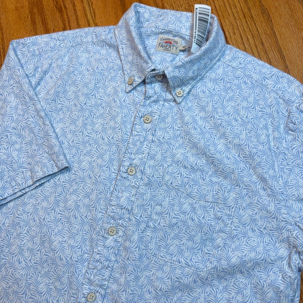Faherty Shirt Mens Medium Blue Leaf Print Short Sleeve Button Up Hemp Tencel