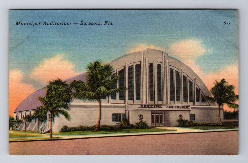 Sarasota FL-Florida, Municipal Auditorium, Antique Vintage Souvenir Postcard