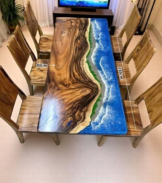 36x72 Custom Ocean Wave Epoxy Live Edge Wood Dining Table Handmade Art Piece