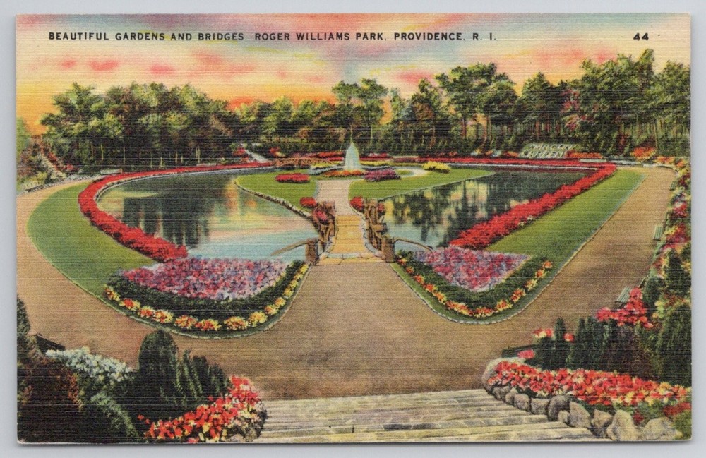Roger Williams Park Providence RI Gardens Bridges Fountain Linen Postcard