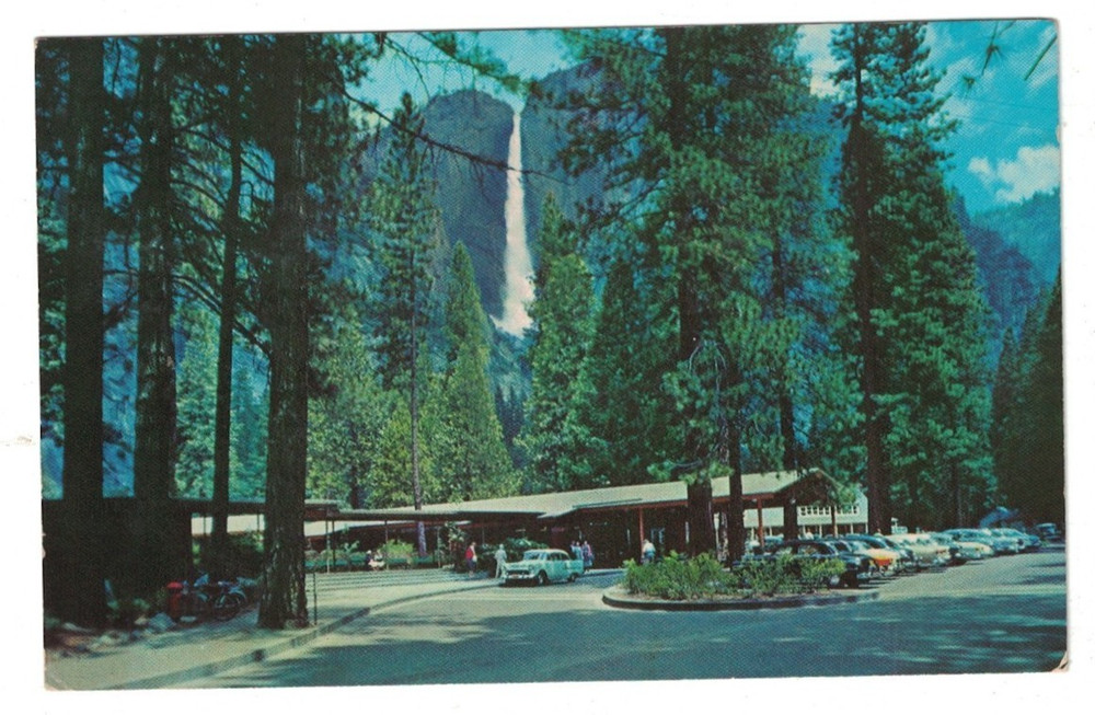 Vintage 1960 Upper Falls & Entrance To Lodge Yosemite Park California Postcard