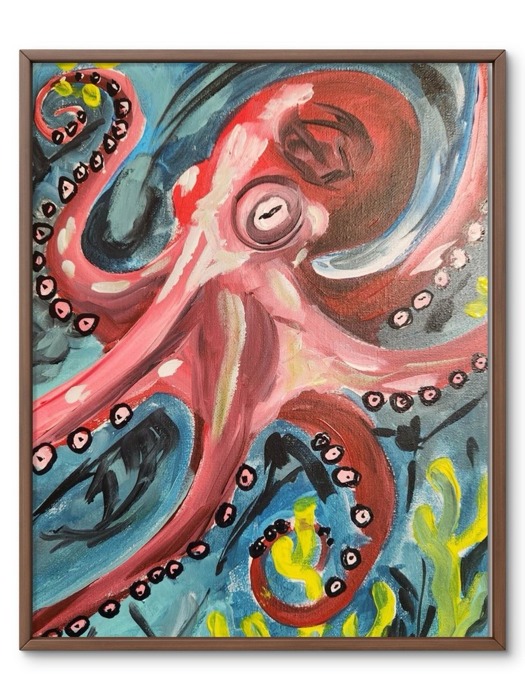 Abstract Colorful Red Octopus Modern Unique Acrylic Canvas Textured 11X14