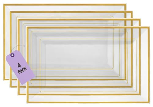 Clear Plastic Serving Tray (4-Pack) Clear Gold Rim Disposable Serving Trays &