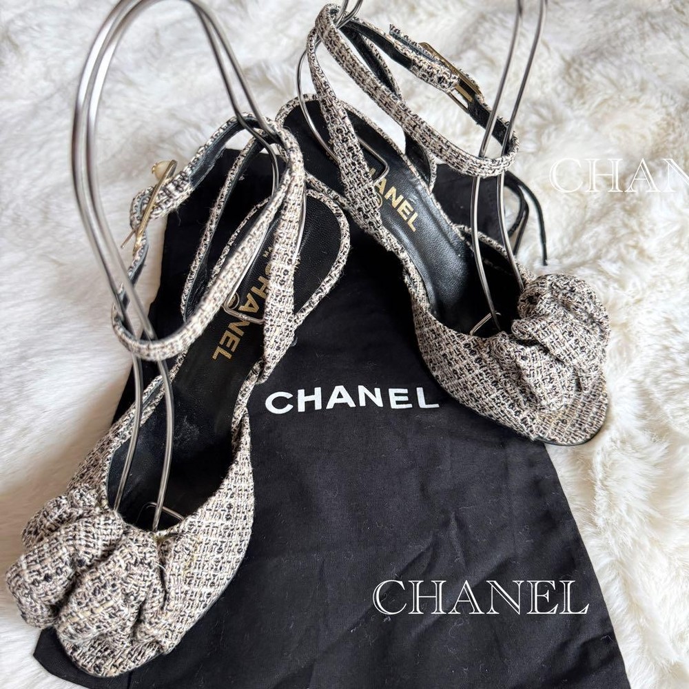 Rare CHANEL Women's Sandals Black Leather Pearl Tweed CC Ankle Strap Size 36.5