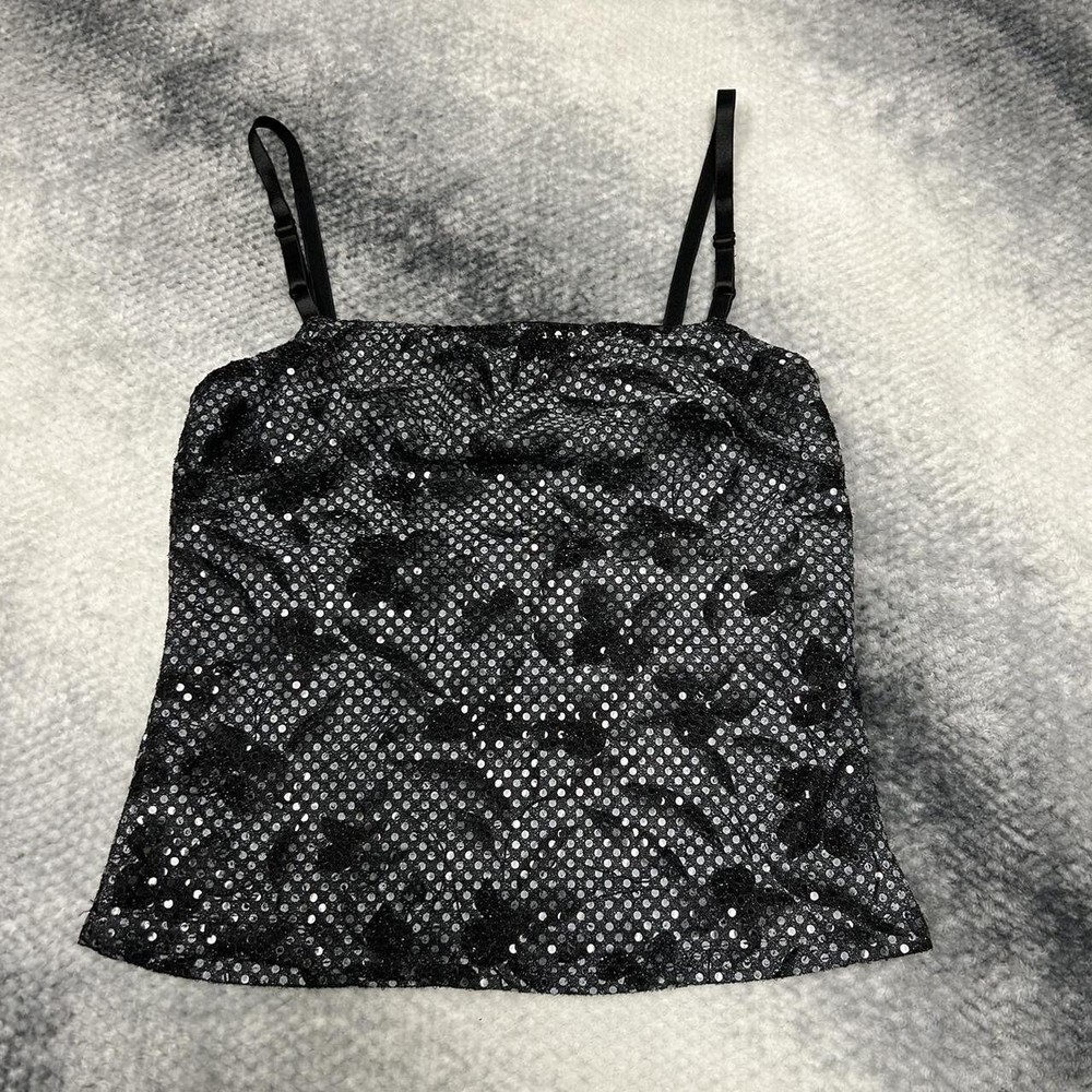 Vintage Forever 21 Black Glitter Tank Top Cropped Fitted Y2K Cami  XS/S