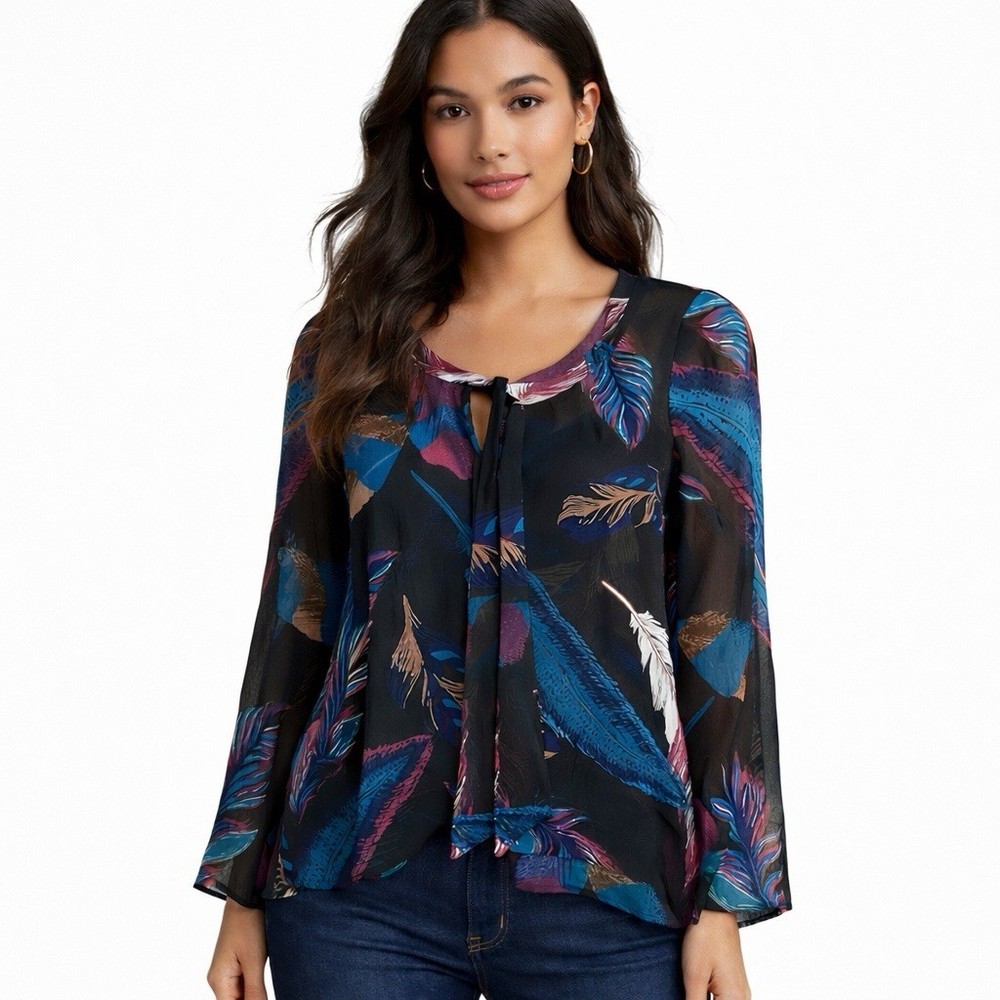 EXPRESS Blouse Womens Sz Medium Multicolor Feathers Sheer Long Sleeve Polyester