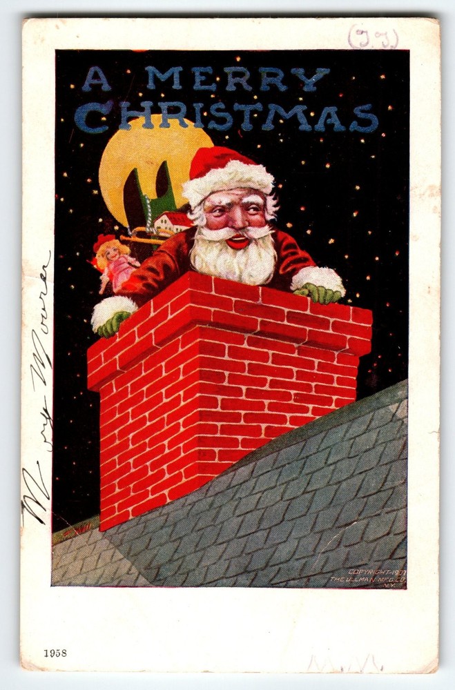 Vintage 1907 Santa Claus Moon Stars Christmas Postcard by Ullman Mfg Co
