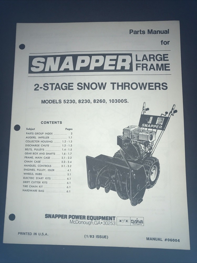 Snapper 5230 8230 8260 10300S Snow Thrower Parts Manual