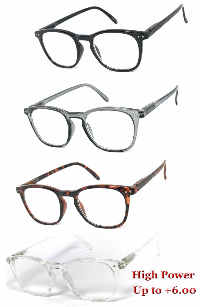 Retro Square Frame Full Lens Reading Glasses HIGH POWER UP TO +6.00 Spring Hinge