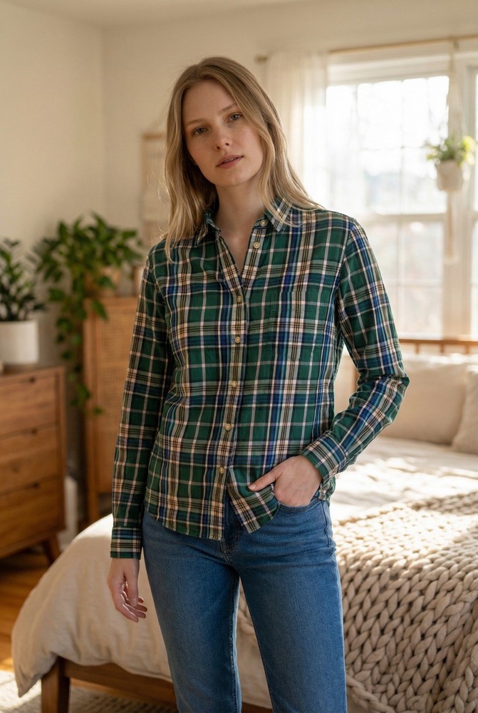 J.Crew Green Blue Plaid Button Collared Long Sleeve Cotton Lightweight Shirt 4