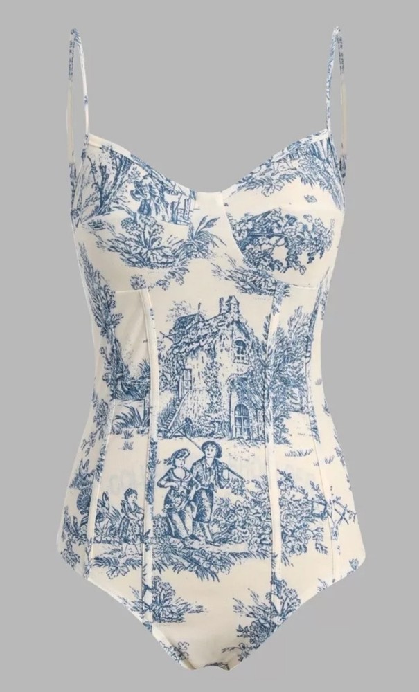 Cider Bodysuit Toile De Jouy Blue Cream Pattern Size Small US Size