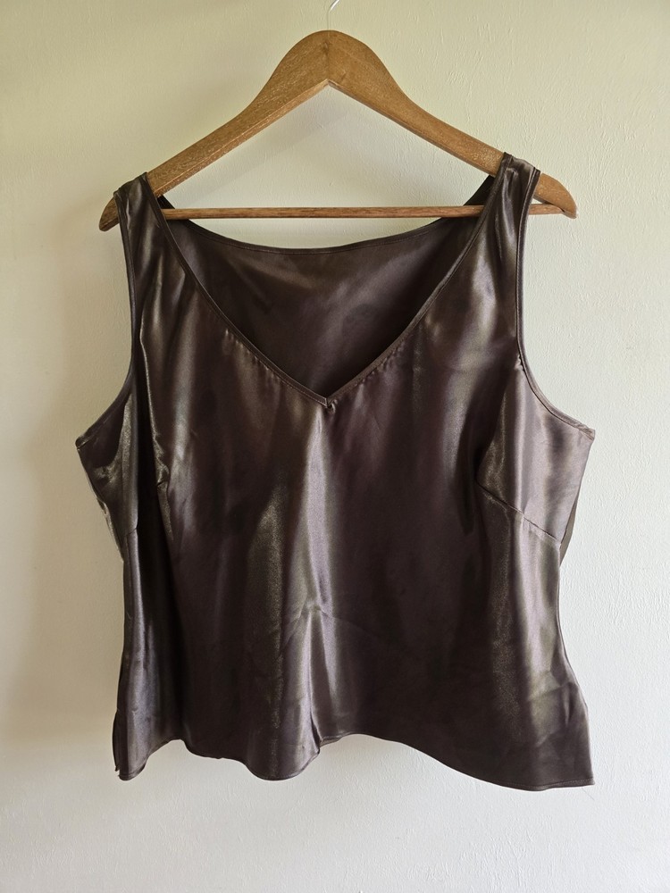Women's 100% Silk Brown Tank Top V-neck Sleeveless Lined Shell Polyester