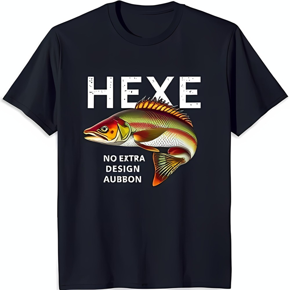 Black T-Shirt with Bold 'HEXE' Graphic and Colorful Fish Design Unique Style