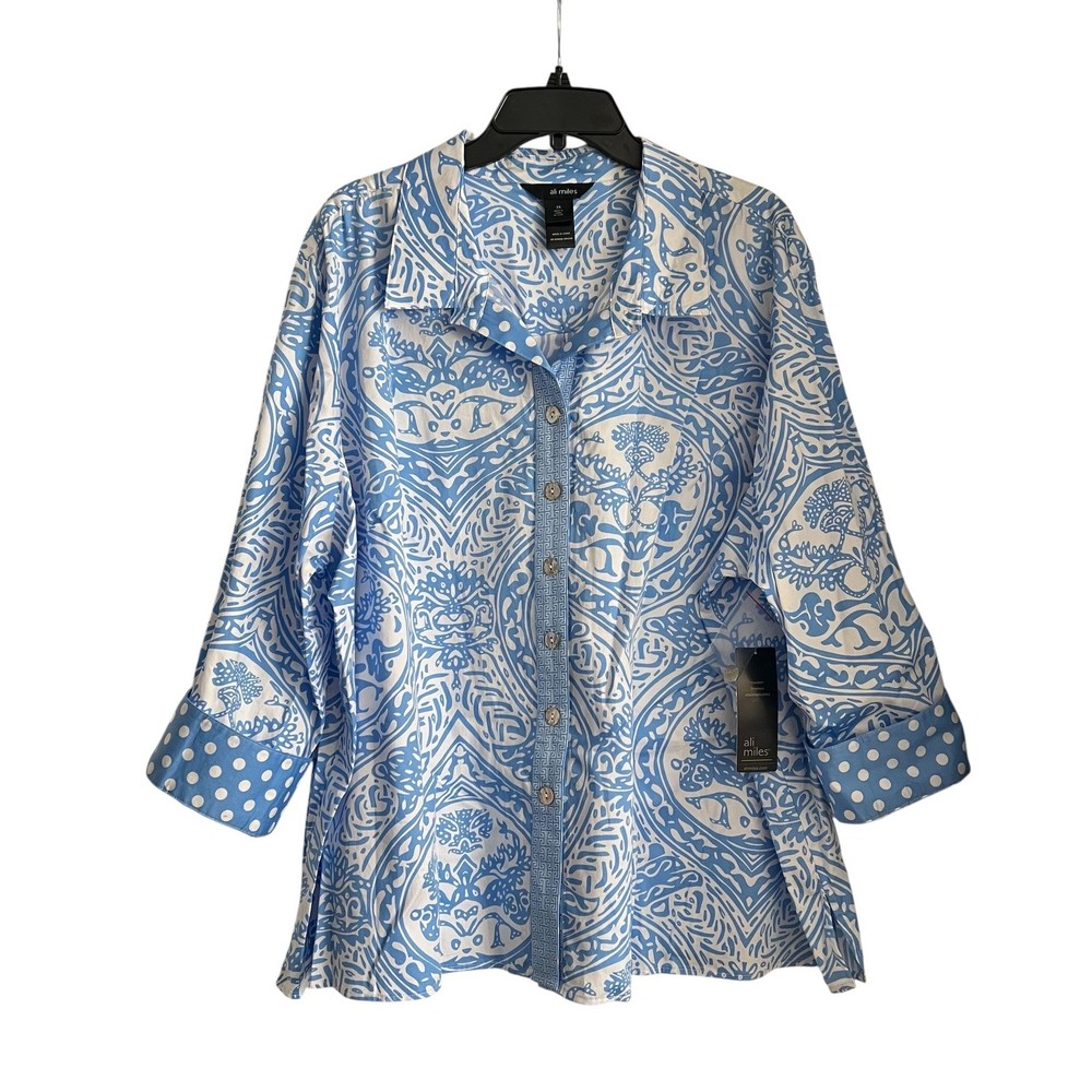 Ali Miles Button Front 100% Cotton Top Women's 3X Blue White Flip Cuff Artsy