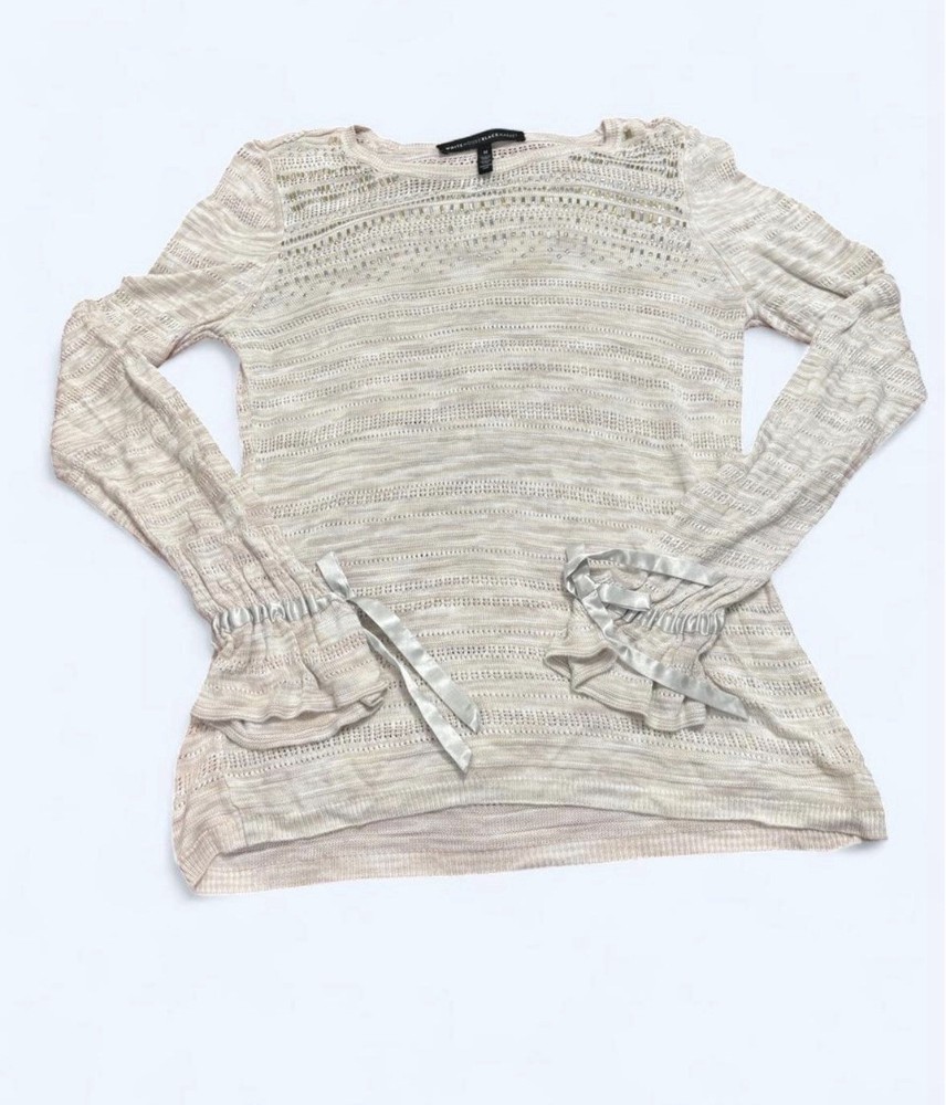 White House Black Market Sweater Medium Beige Metallic Studded Ribbon Sleeve M
