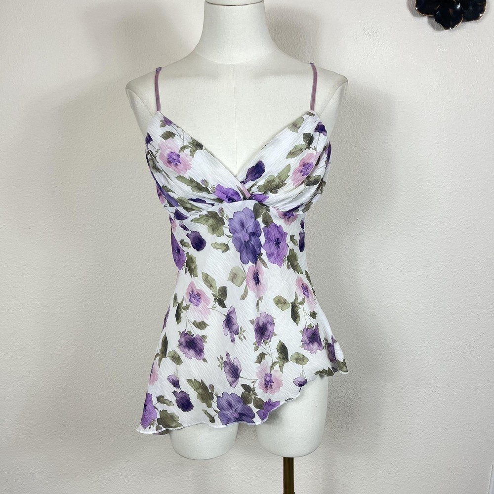 Vintage Y2K Top Womens XS White Purple Floral Cami Fairy Whimsy Asymmetric