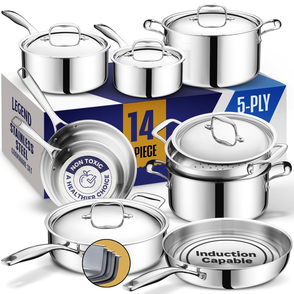 Stainless Steel Cookware Set | 5 Ply, 14-Piece, Induction, Non-Toxic, Oven Sa...