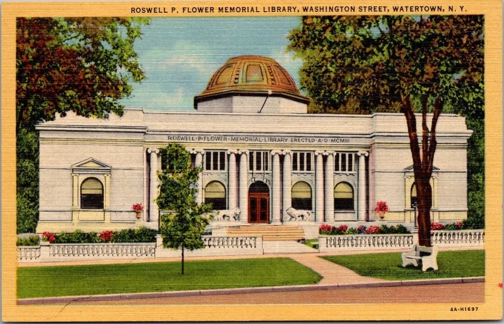 Watertown NY Roswell P Flower Memorial Library Curt Teich Linen Postcard