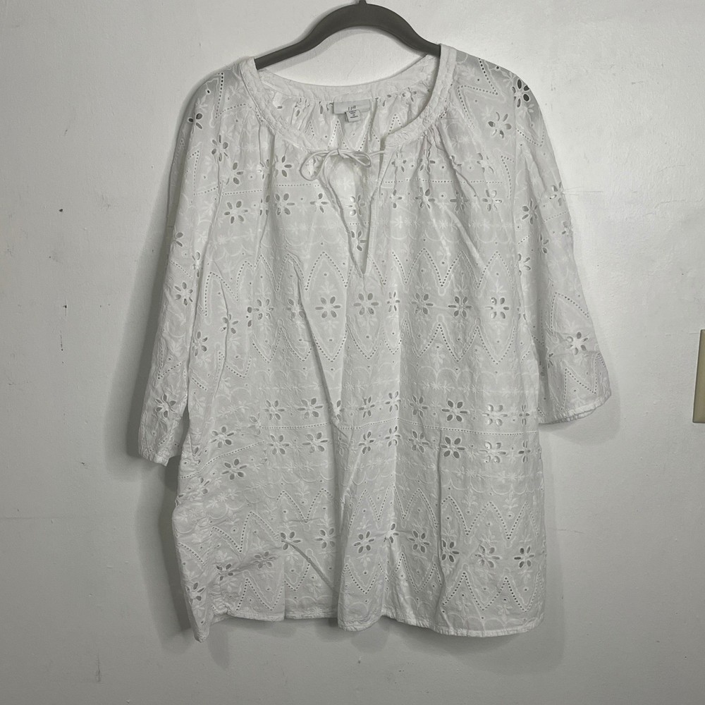 J. Jill White Eyelet Cotton Tunic Top Plus Size 2X Elbow Sleeve Tie Neck Blouse