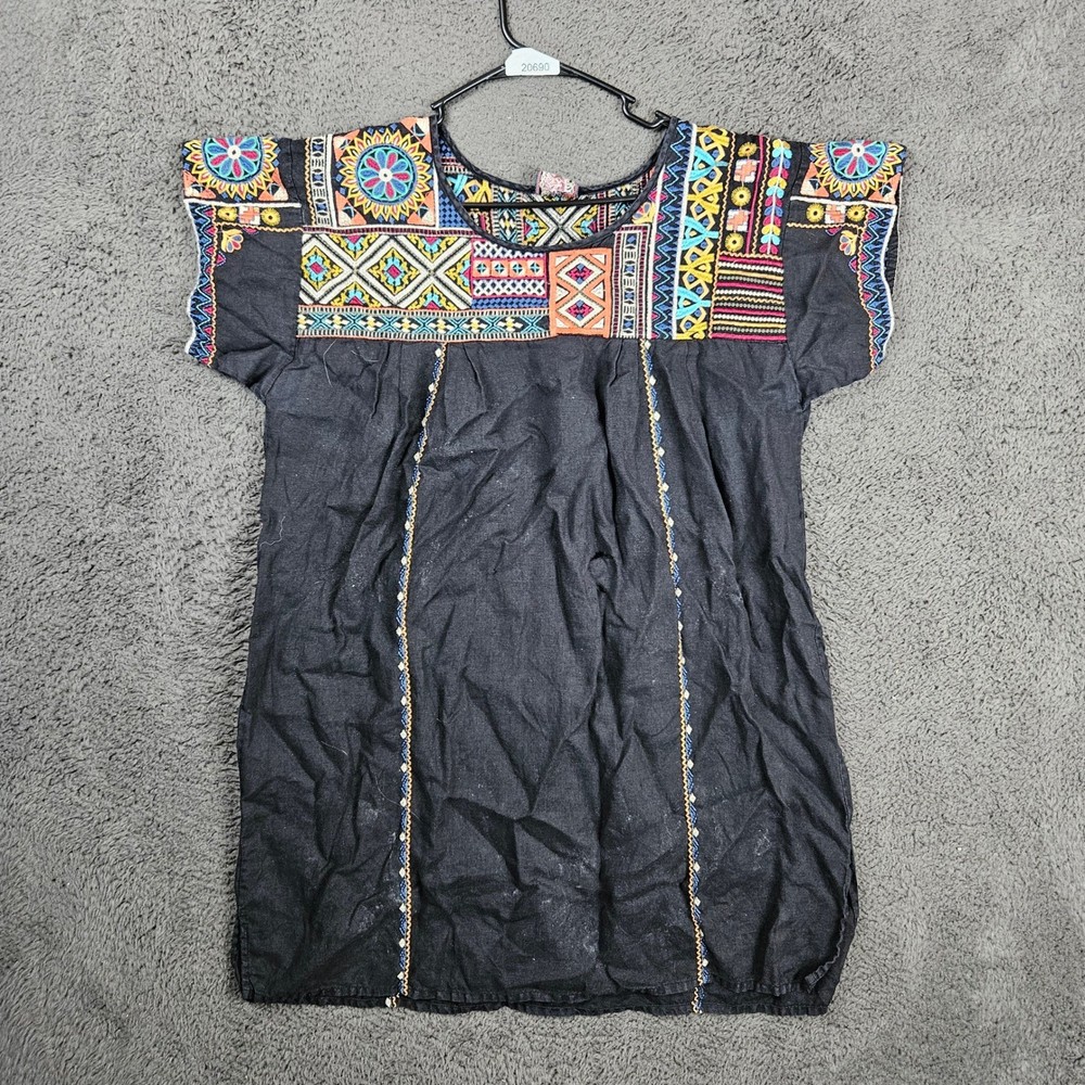 JWLA Johnny Was Black 100% Linen Embroidered Boho Tunic Top 3864JW Womens
