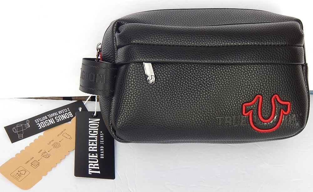 True Religion QUADRY Toiletry Bag Mens Black Horseshoe Logo + Travel Bottles NEW