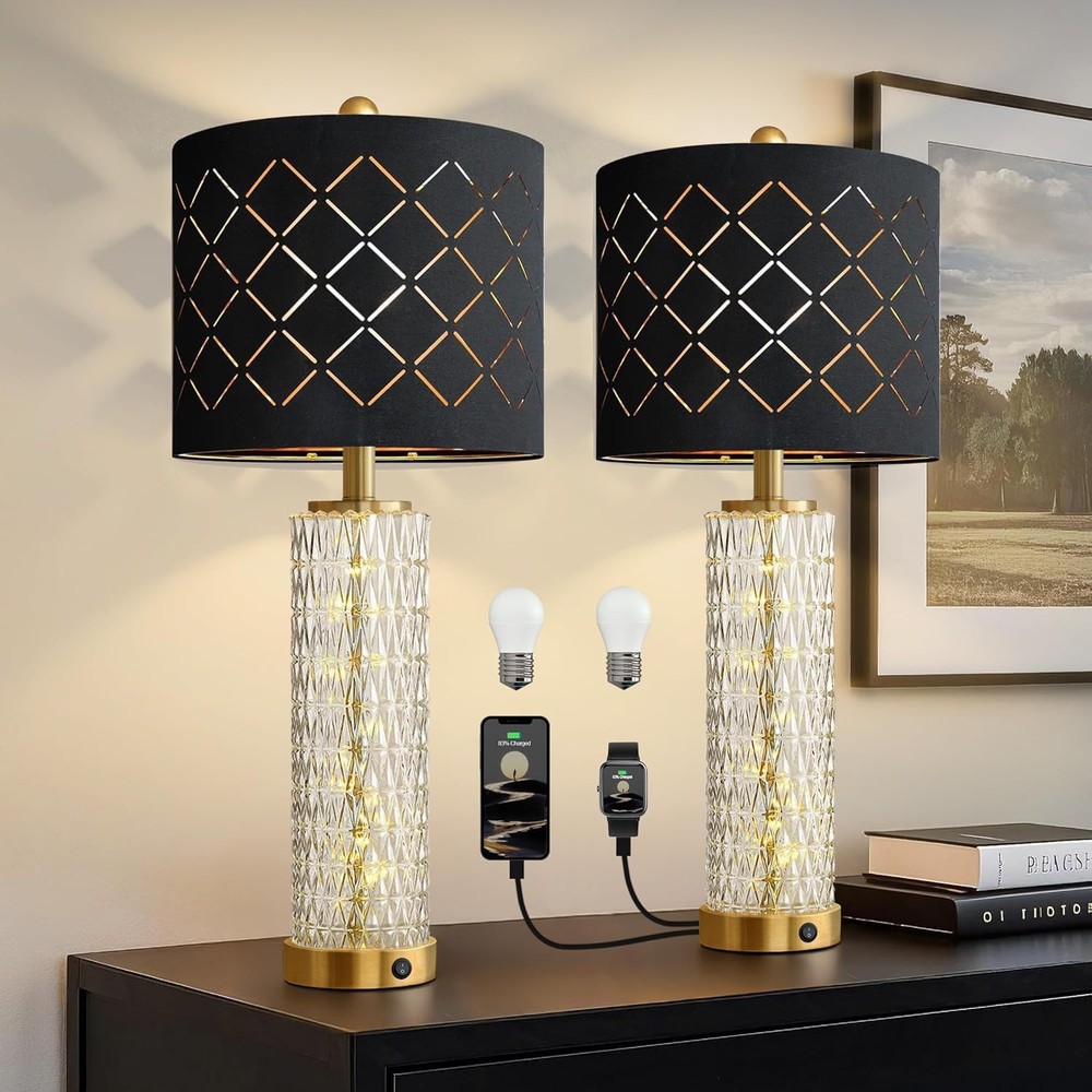 Modern Table Lamps Set of 2 Gold Bedside Lamp with Crystal Nightlight USB Oneach