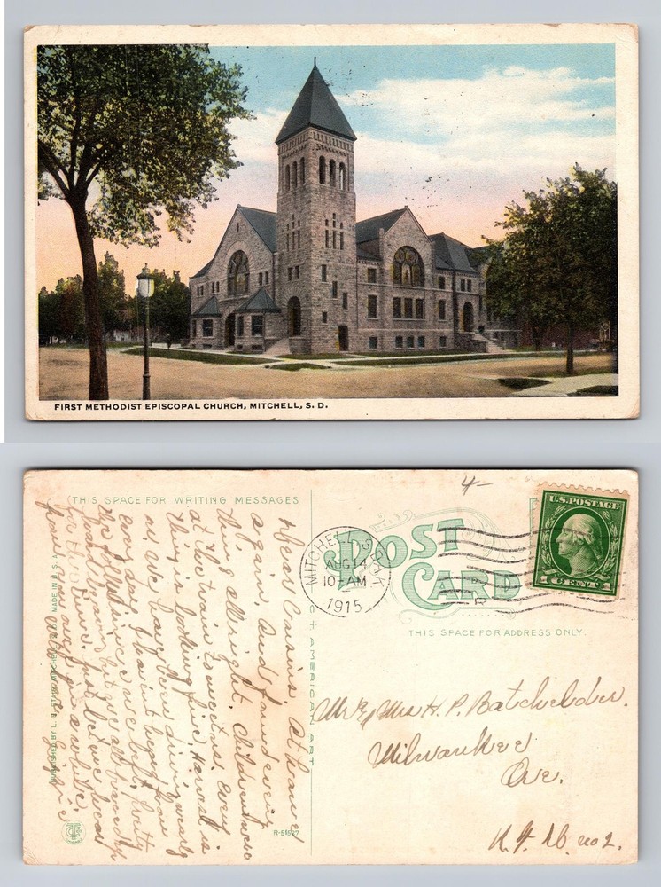 Mitchell SD-South Dakota First Methodist Episcopal Church Vintage c1915 Postcard