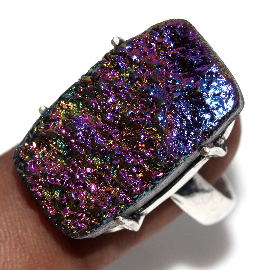 925 Silver Plated Titanium Druzy Ethnic Ring Handmade Jewelry Size US 11 JW