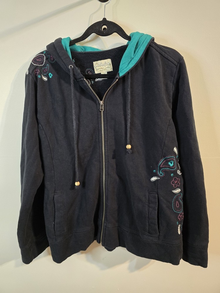 Vintage Cabela's Zip Up Hoodie Sweatshirt Size L Embroidered Paisley Outdoor