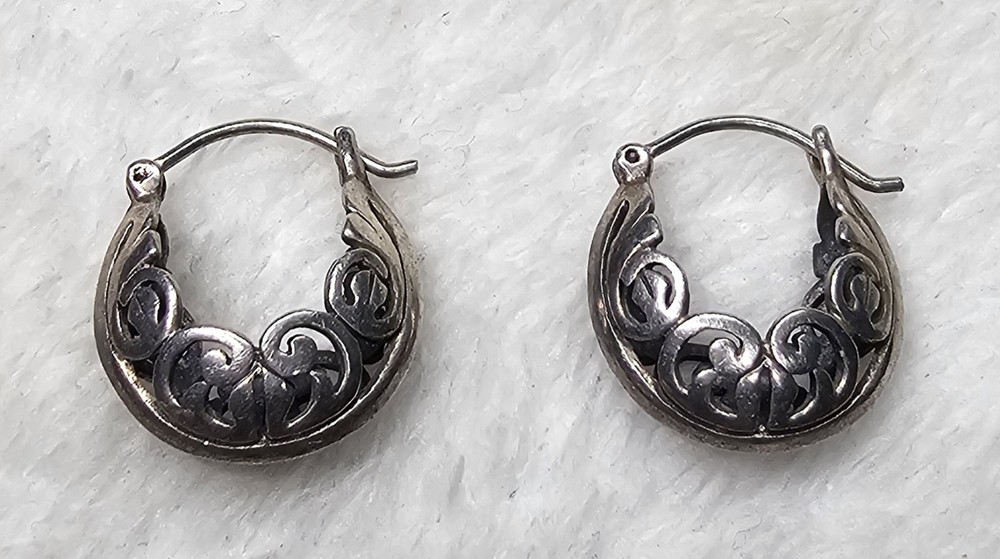 Vintage Sterling Silver Scroll Hoop Earrings 5.4g Handcrafted Taxco Bali...