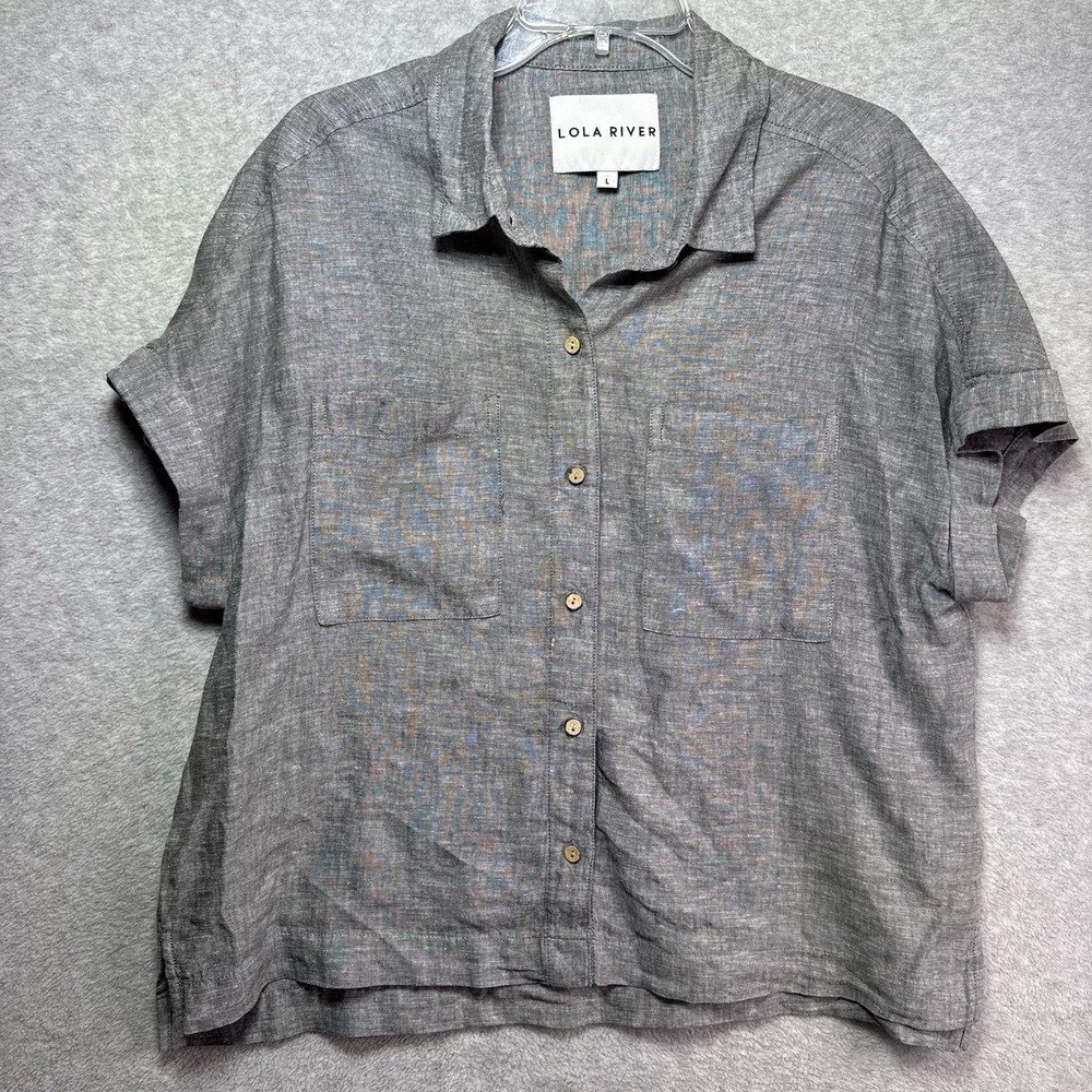 Lola River Women's Linen Blend Rolled Cuff Button Front Blouse Gray Large