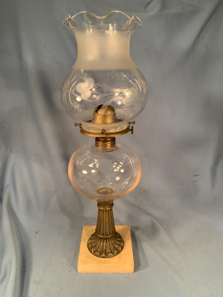 Antique KEROSENE/WHALE OIL LAMP-Marble Base-Clear Glass w/Astral Floral Shade