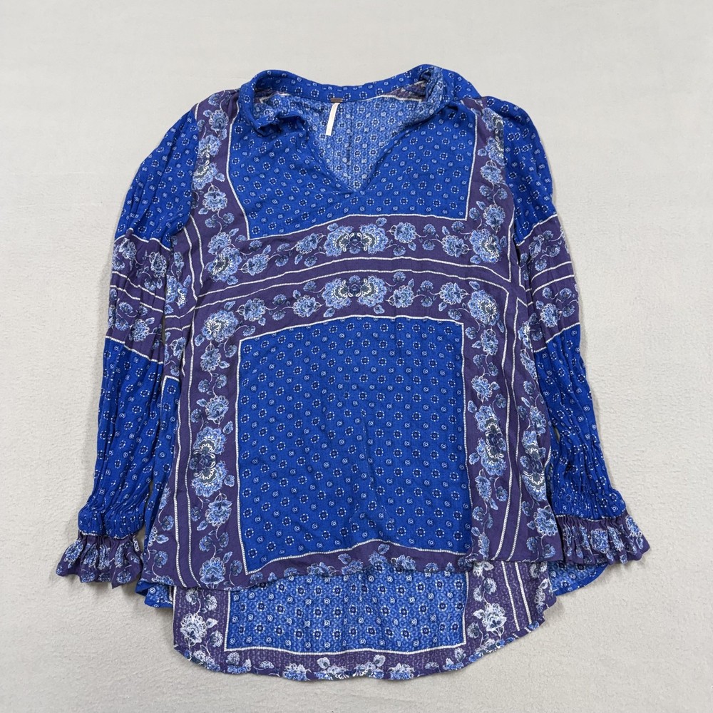Free People Blouse Womens Medium Blue Tunic Long Sleeve Ruffle Lightweight