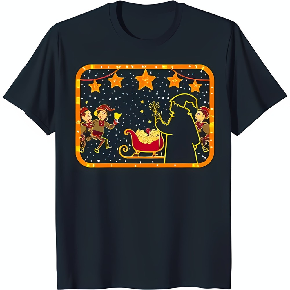 Festive Black T-Shirt with Santa Sleigh and Elves Graphic Holiday Wear