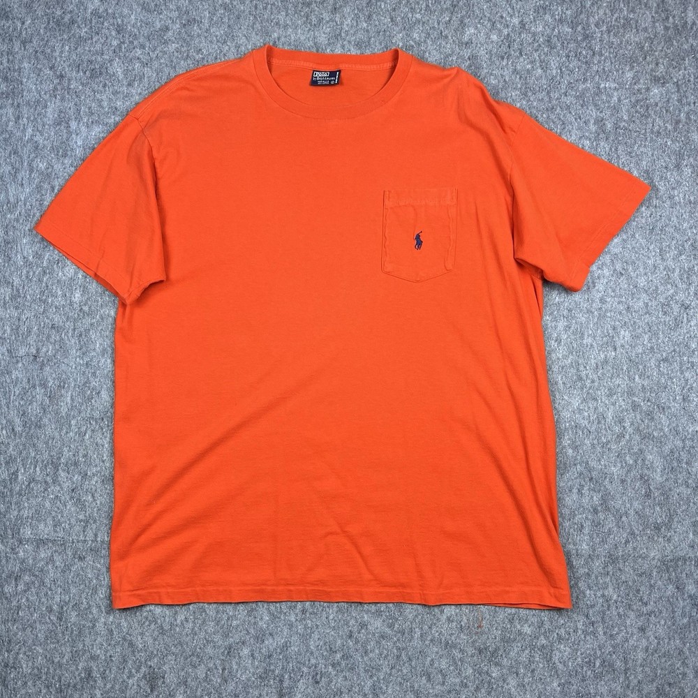 Vtg Polo Ralph Lauren Men's Pocket T-Shirt Orange Single Stitch Made in USA Sz L
