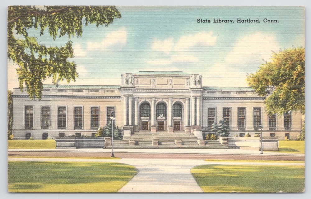 Linen~Front of State Library Hartford Connecticut~Vintage Postcard