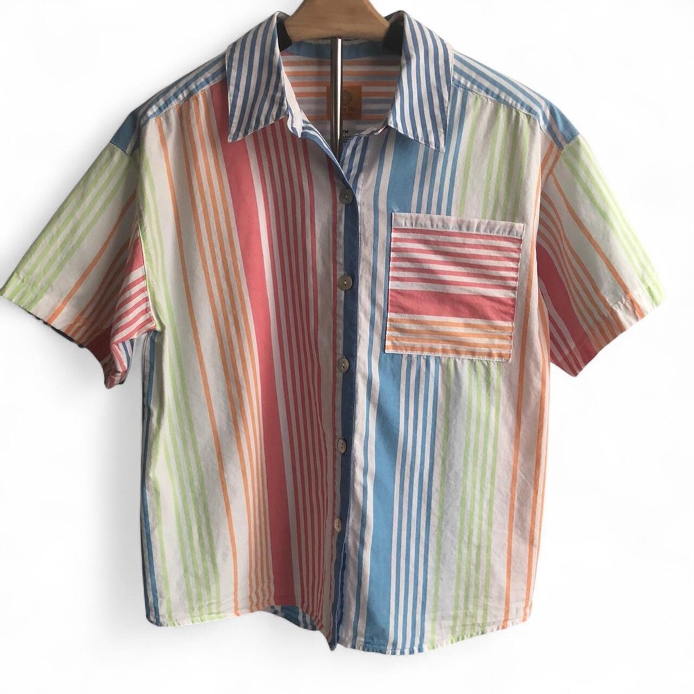 Ruby Rd. Petite Women's Striped Button Up Shirt 100% Cotton Medium Petite Short