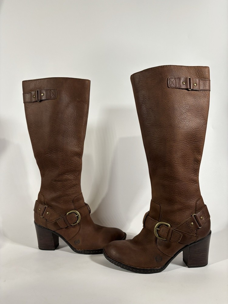 Born Leather Tall Riding Biker Boots Women EU 38/ US 7 Side Zip Buckle Brown ￼