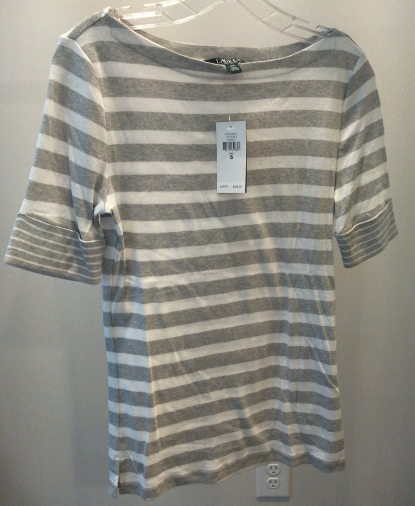 NWT LAUREN RALPH LAUREN 100% Cotton t-shirt small Gray and White Stripe