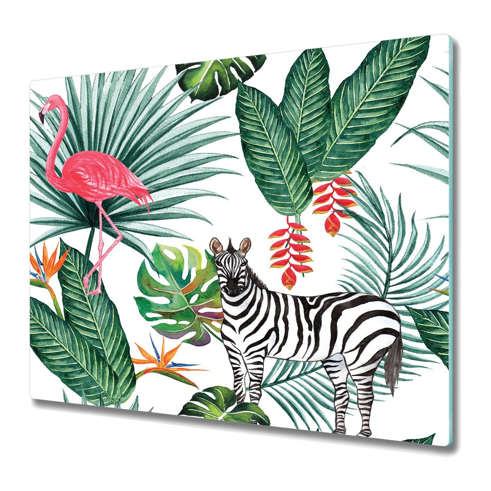 Glass Kitchen Worktop Saver Tropical Safari with Zebra Watercolour 60x52