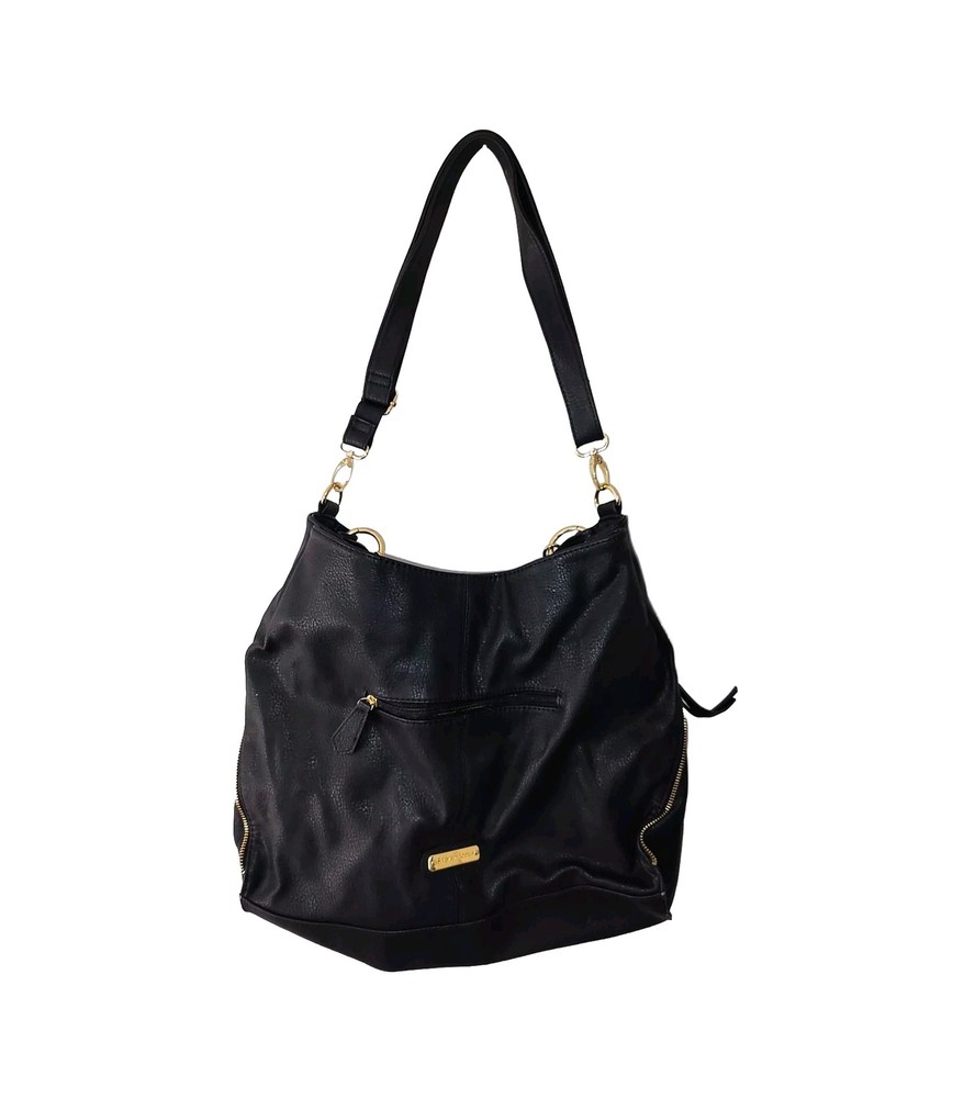 Steve Madden Hobo Shoulder Crossbody Bag Tote Black Gold Pebbled Faux Leather