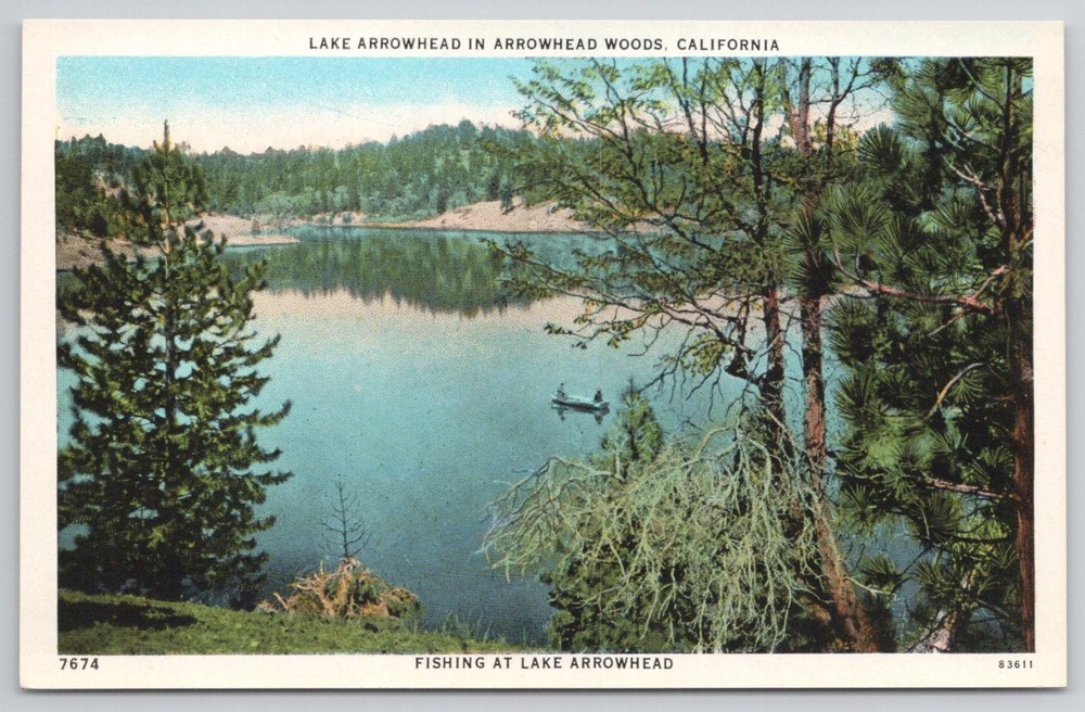 Vintage Lake Arrowhead CA Fishing Postcard Curt Teich 1930s Putnam Studios