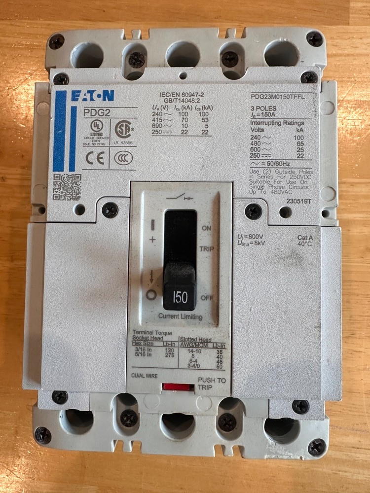 Eaton 150 Amp Circuit Breaker 600 VAC / 250 VDC 3 Pole  PDG23M0150TFFL