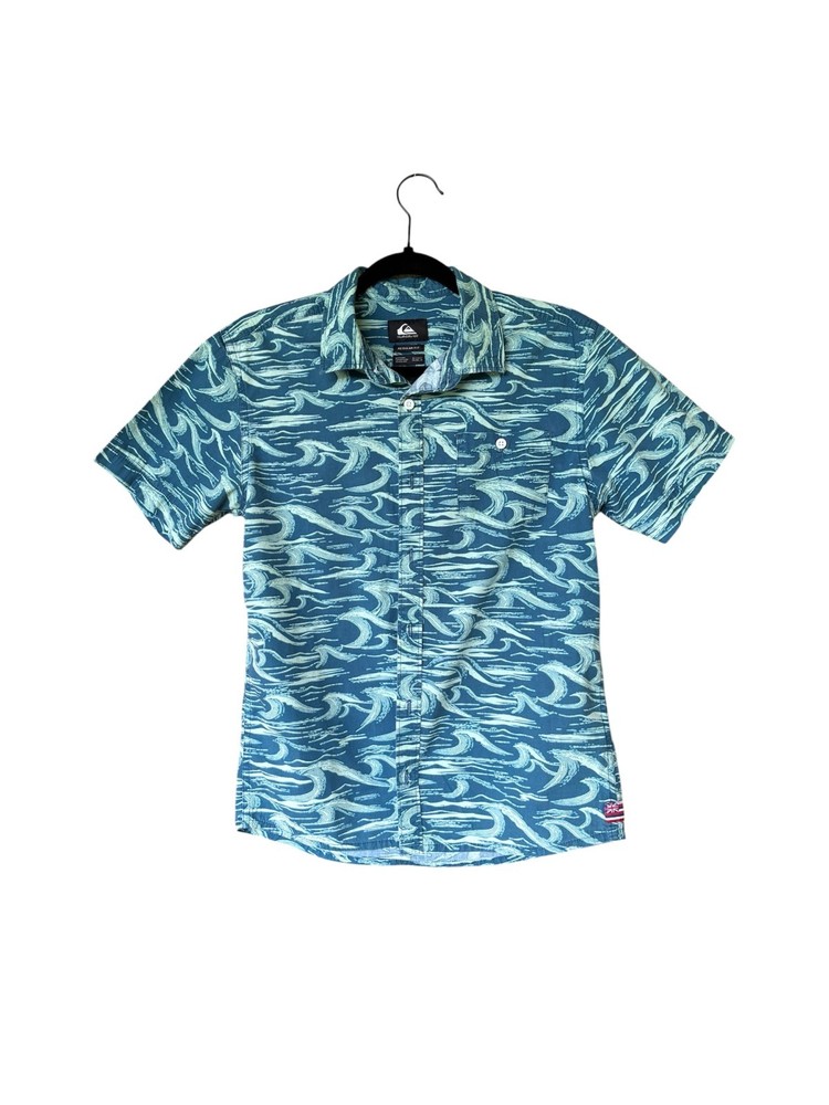 Quicksilver Hawaiian Shirt Boys LBlue Wave Print Button Aloha Surf Beach UK Flag