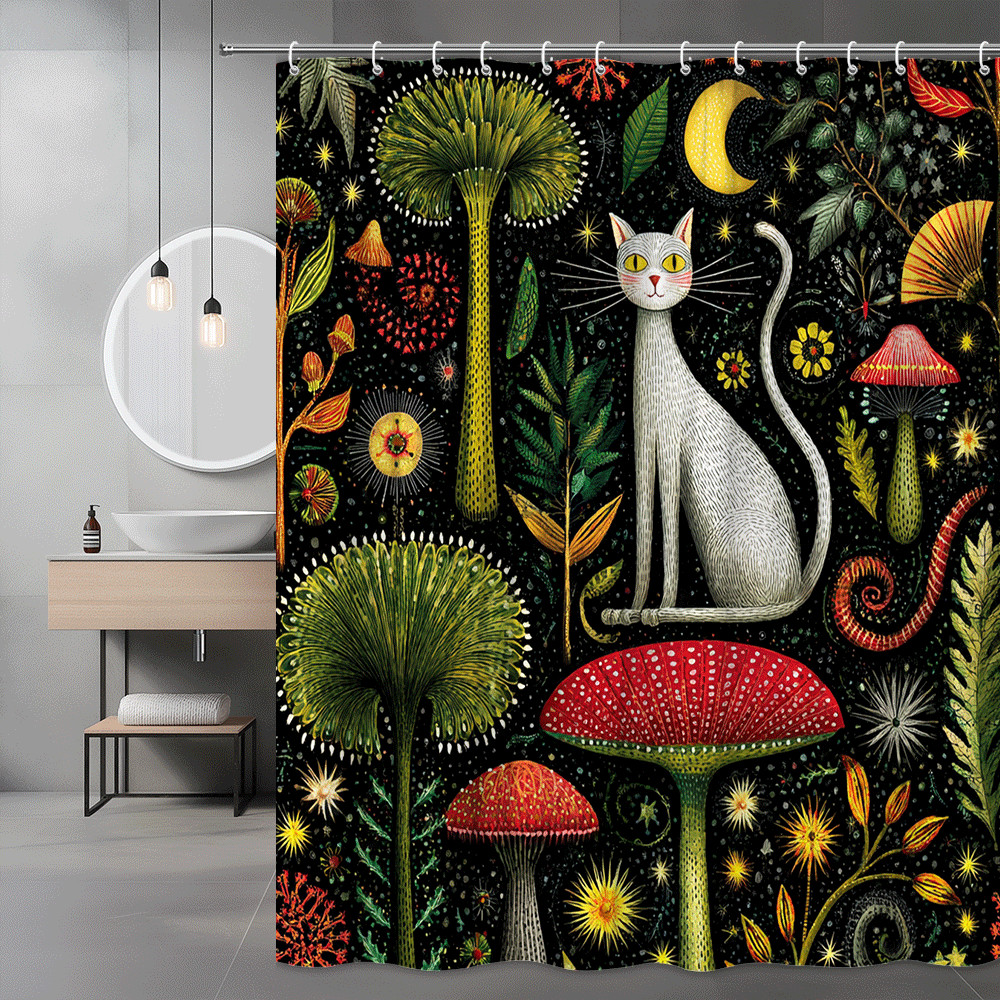 Cat Mushroom Shower Curtain Black Floral Botanical Print