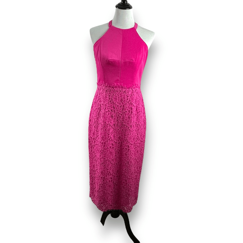 Shoshanna Women's Size 6 High Neck Halter Mini Dress Hot Pink Lace Semi Formal