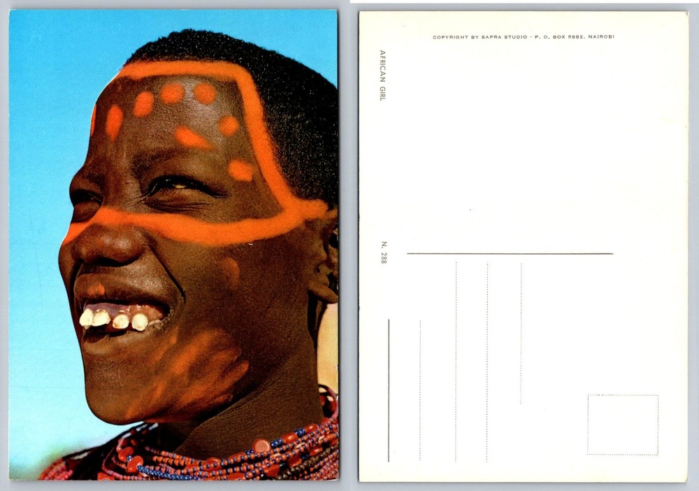 Vintage African Girl Face Paint Beaded Necklace Sapra Studio Nairobi Postcard